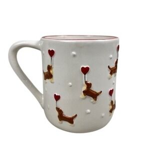 Petal & Pearl Dachshund Heart Balloon Hand Painted Ceramic Coffee Mug White
